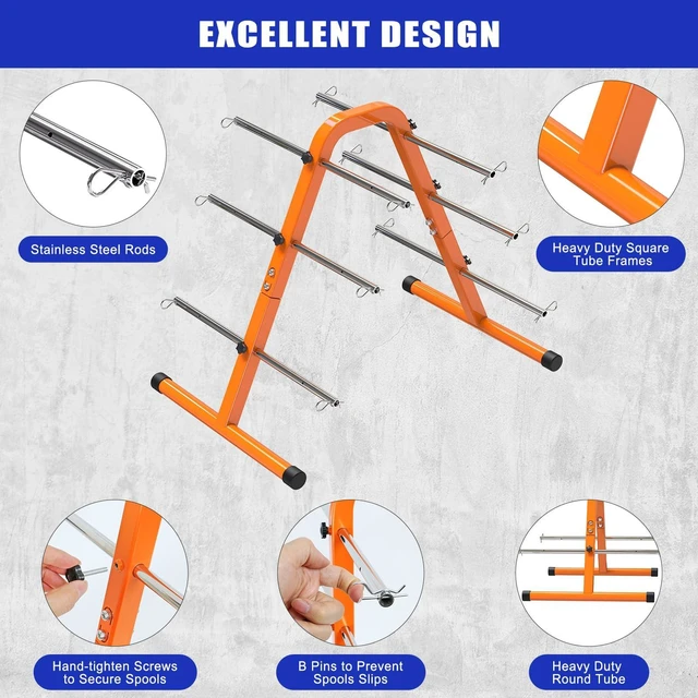Alt view image 4 of 7 - Portable Wire Spool Rack, Cable Dispenser with 6 Adjustable Rods Heavy-Duty Spool Rack Holder for Efficient Storage & Dispensing, 8" Max Capacity, Orange