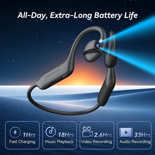 Alt view image 6 of 7 - e12 smart Bone Conduction Headphones with Camera,8MPBlack-1 AI Translation, HD Clear Calls, 8GB Storage, Long Battery, EIS, IP65. Smart Headphones with Camera for Travel & Sport