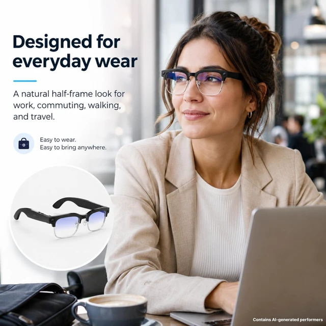 Alt view image 2 of 7 - Smart Camera Glasses, 8MP POV Video and Bluetooth Audio,Bluelight 8MP POV recording with blue light lenses, WiFi transfer and open-ear audio for work, commuting and everyday moments