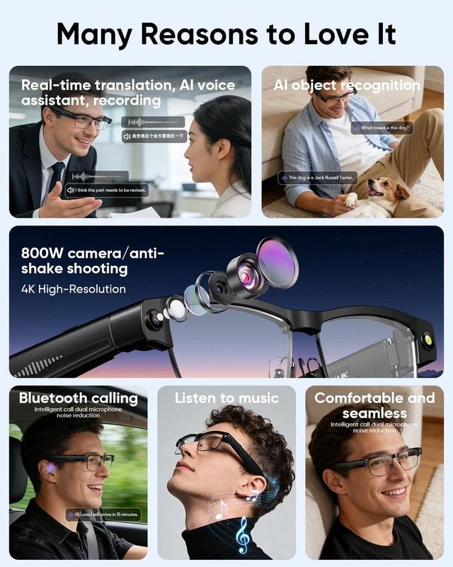 Alt view image 3 of 7 - Smart Glasses with Camera and Bluetooth for Men & Women with 160+Languages 4K Glasses and Video Recording Dual Mic with Chat GPT, Voice ControlReal-Time Translation,Meeting,Driver,Travel