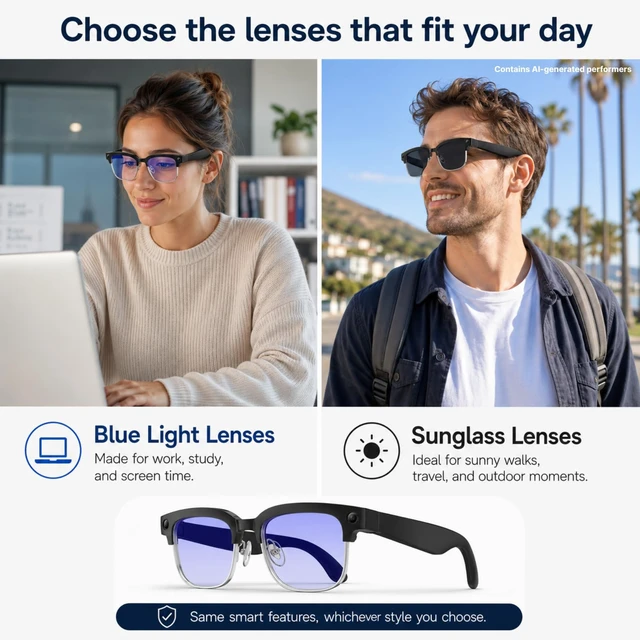 Alt view image 4 of 7 - Smart Camera Glasses, 8MP POV Video and Bluetooth Audio,Bluelight 8MP POV recording with blue light lenses, WiFi transfer and open-ear audio for work, commuting and everyday moments
