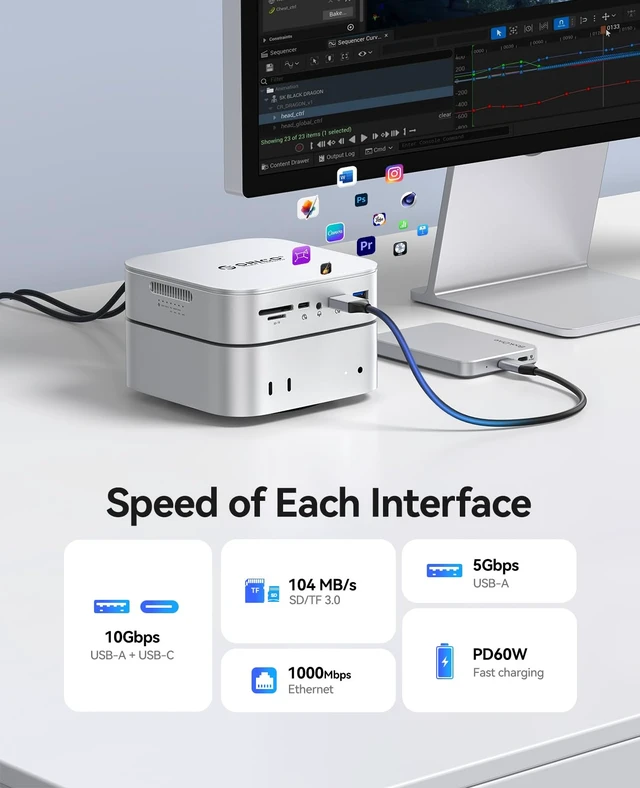Alt view image 6 of 7 - MiniRaid, Mac mini M4 Dock with Dual-Bay M.2 NVMe/SATA SSD Enclosure for Mac mini M4 Pro, Raid 0/1/PM, USB C HUB with HDMI 4K@60Hz, 10Gbps/5Gbps USB, RJ45, SD/TF, PD 60W for Creator