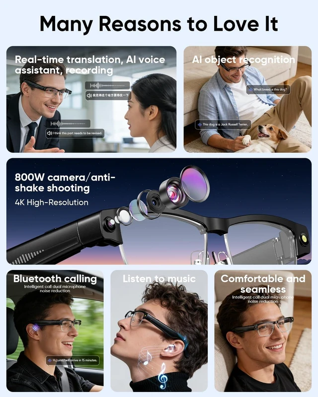 Alt view image 3 of 7 - AI Smart Glasses for Men,160+Language,Real-time Translation,Dual Mic Smart Glasses with Camera and Bluetooth,Unisex,800W Anti-Shake Camera Smart Glasses with Video Recording