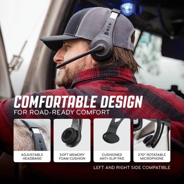 Alt view image 2 of 7 - RW1 Bluetooth Trucker Headset ENC Mic, Volume Controls Right/Left Wear, 30+ Hour Battery Life, 100ft Wireless Range, IP54 Water Resistant, Noise Cancelling Microphone, On-Ear Fit