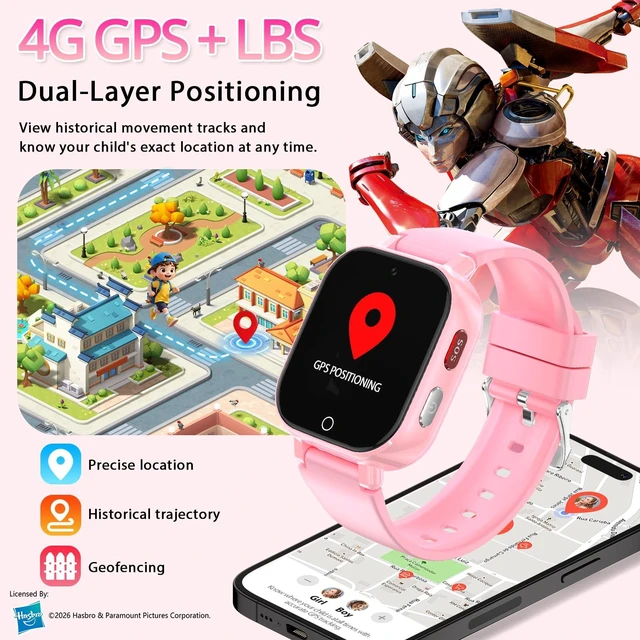 Alt view image 2 of 7 - 4G Kids Smart Watch Phone, GPS, Video Call, Waterproof - Pink Smartwatch for Boys Girls Ages 4-12, Class Mode, SOS, Camera, Alarm, Touch Screen, Gifts with Bonus Woven Strap & SIM Card