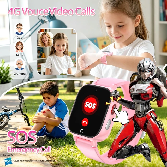 Alt view image 3 of 7 - 4G Kids Smart Watch Phone, GPS, Video Call, Waterproof - Pink Smartwatch for Boys Girls Ages 4-12, Class Mode, SOS, Camera, Alarm, Touch Screen, Gifts with Bonus Woven Strap & SIM Card