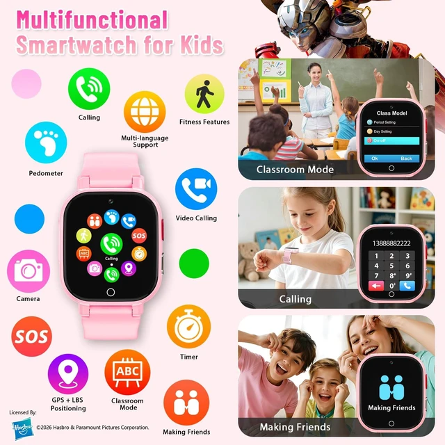Alt view image 4 of 7 - 4G Kids Smart Watch Phone, GPS, Video Call, Waterproof - Pink Smartwatch for Boys Girls Ages 4-12, Class Mode, SOS, Camera, Alarm, Touch Screen, Gifts with Bonus Woven Strap & SIM Card