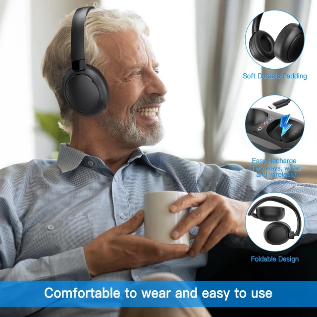 Alt view image 7 of 7 - Wireless Headphones for TV Watching with Charging Dock, Easy Setup & Comfortable Fit for Seniors, No Audio Delay Blutooth Headphones Headset (Black)