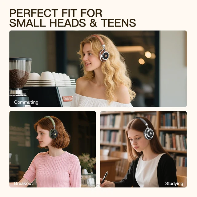 Alt view image 3 of 7 - Rona Retro Classic Active Noise Cancelling Wireless Headphones, Hires 3.5mm On-Ear Wired Headset, Built-in Mic,75H Playtime, Low-Latency, 3D Movie Sound, Small Heads, Teens, Brown