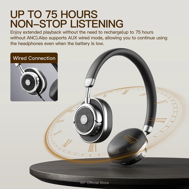 Alt view image 5 of 7 - Rona Retro Classic Active Noise Cancelling Wireless Headphones, Hires 3.5mm On-Ear Wired Headset, Built-in Mic,75H Playtime, Low-Latency, 3D Movie Sound, Small Heads, Teens, Black