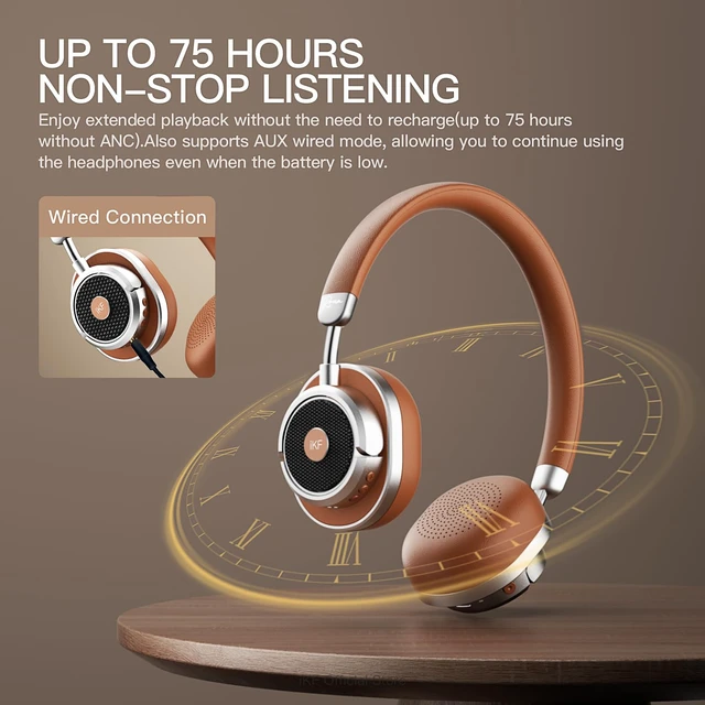 Alt view image 5 of 7 - Rona Retro Classic Active Noise Cancelling Wireless Headphones, Hires 3.5mm On-Ear Wired Headset, Built-in Mic,75H Playtime, Low-Latency, 3D Movie Sound, Small Heads, Teens, Brown