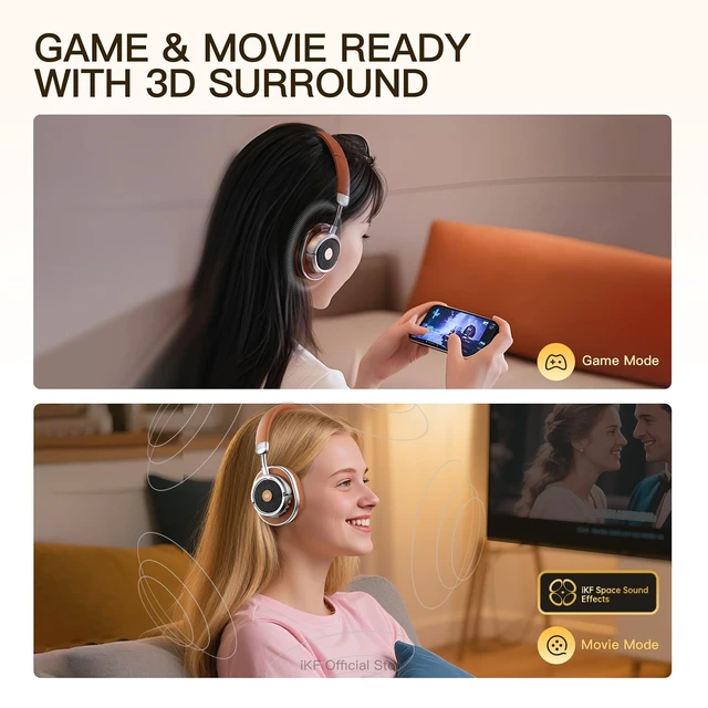 Alt view image 6 of 7 - Rona Retro Classic Active Noise Cancelling Wireless Headphones, Hires 3.5mm On-Ear Wired Headset, Built-in Mic,75H Playtime, Low-Latency, 3D Movie Sound, Small Heads, Teens, Brown