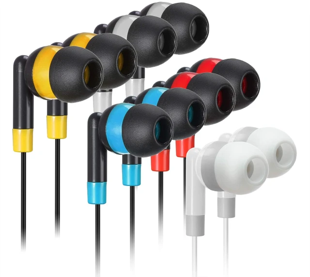 Main image of Bulk Earbuds Headphones Wholesale Earphones KWA-19B Wired 100 Pack Disposable Ear Buds Bulk Multi Colored Headphones for School Classroom Students