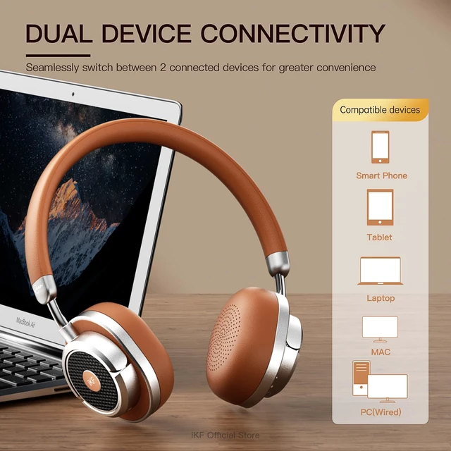 Alt view image 7 of 7 - Rona Retro Classic Active Noise Cancelling Wireless Headphones, Hires 3.5mm On-Ear Wired Headset, Built-in Mic,75H Playtime, Low-Latency, 3D Movie Sound, Small Heads, Teens, Brown