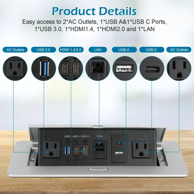Alt view image 2 of 7 - Table Pop Up Outlet, Desktop Pop Up Socket Center Countertop Socket Multimedia Strip Socket Connection Box Countertop with USB 3.0/2×AC/2×HDMI/USB-A/USB-C/LAN for Conference Desk Office(Silver-3)