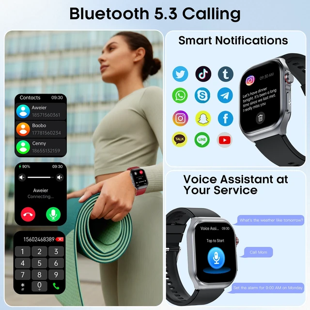 Alt view image 4 of 7 - Smart Watch for Women Men, Blood Pressure, Heart Rate, Blood Oxygen,Sleep & Stress Monitoring, Bluetooth Call,130+ Sports Modes, AI Voice Assistant, IP68 Waterproof Black