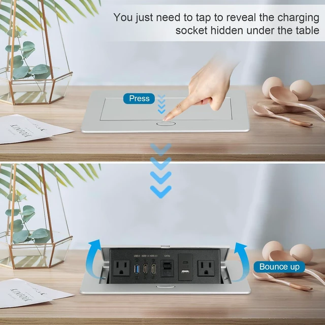 Alt view image 4 of 7 - Table Pop Up Outlet, Desktop Pop Up Socket Center Countertop Socket Multimedia Strip Socket Connection Box Countertop with USB 3.0/2×AC/2×HDMI/USB-A/USB-C/LAN for Conference Desk Office(Silver-3)