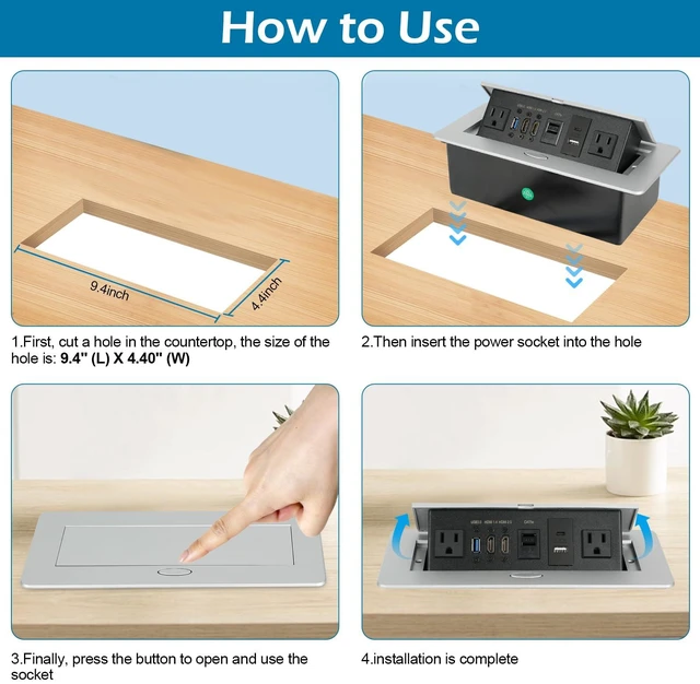 Alt view image 3 of 7 - Table Pop Up Outlet, Desktop Pop Up Socket Center Countertop Socket Multimedia Strip Socket Connection Box Countertop with USB 3.0/2×AC/2×HDMI/USB-A/USB-C/LAN for Conference Desk Office(Silver-3)