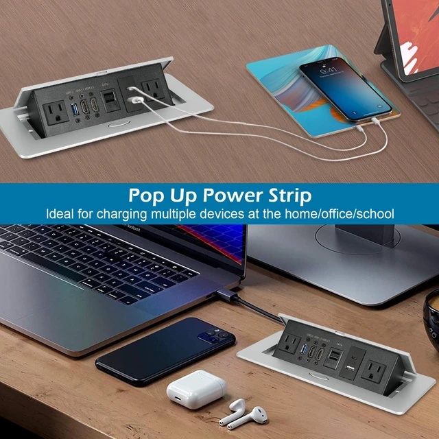 Alt view image 5 of 7 - Table Pop Up Outlet, Desktop Pop Up Socket Center Countertop Socket Multimedia Strip Socket Connection Box Countertop with USB 3.0/2×AC/2×HDMI/USB-A/USB-C/LAN for Conference Desk Office(Silver-3)