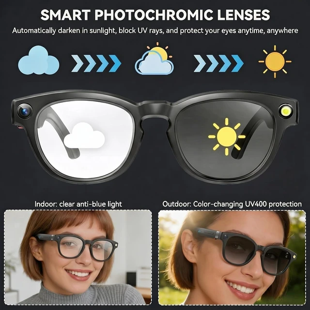 Alt view image 3 of 7 - AI Smart Glasses with 4K Camera Photo/Record for Travel, Sports & Daily Use, Photochromic Lenses Hands-Free Call Bluetooth Glasses, 8-Hours Battery