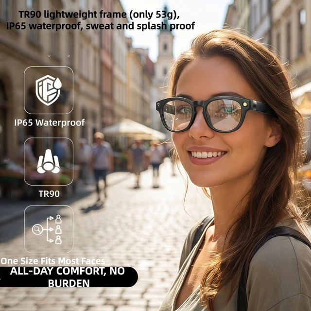 Alt view image 6 of 7 - AI Smart Glasses with 4K Camera Photo/Record for Travel, Sports & Daily Use, Photochromic Lenses Hands-Free Call Bluetooth Glasses, 8-Hours Battery