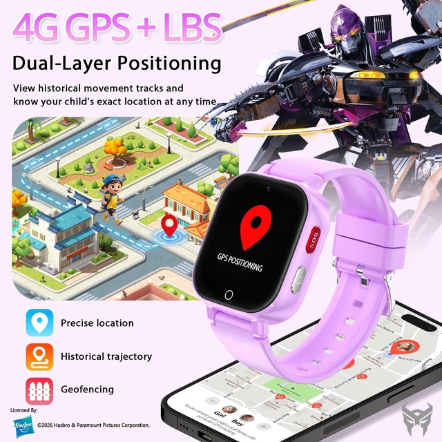 Alt view image 2 of 7 - 4G Kids Smart Watch Phone, GPS, Video Call, Waterproof- Purple Smartwatch for Boys Girls Ages 4-12, Class Mode, SOS, Camera, Alarm, Touch Screen, Gifts with Bonus Woven Strap & SIM Card