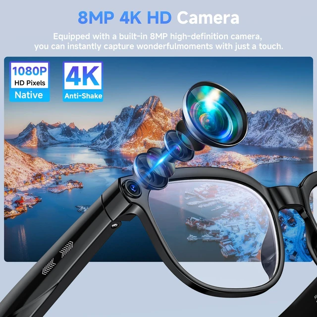 Alt view image 2 of 7 - AI Smart Glasses with Camera and Bluetooth, 800W HD Anti-Shake Camera Glasses, 1080P Video Recording, Audio, Translation, GPT Assistant, 290 mAh, AI Glasses for Men Women with Travel & Vlogging