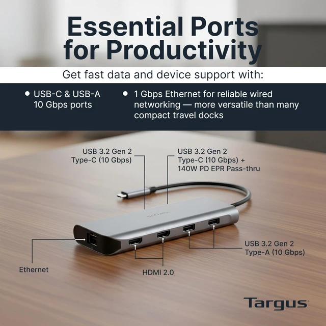 Alt view image 3 of 6 - Dual Video Mobile Dock with 140W EPR Power Pass-Through, Dual HDMI 4K@60Hz, 2X USB-C & 2X USB-A 10Gbps, Gigabit Ethernet, EcoSmart Design DOCK427GL