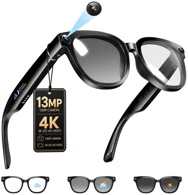 Main image of AI Smart Glasses with Camera, 13MP HD 4K Video, Translation & Photochromic Real-Time Translation, Object Recognition, AI Assistant, Dual Open-Ear Speakers, Bluetooth, IP66 Water Resistance, Sunglasses