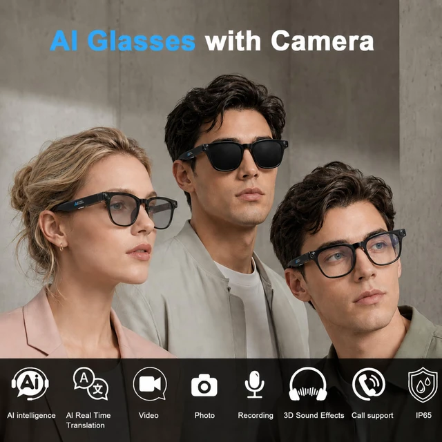 Alt view image 4 of 7 - AI Smart Glasses with Camera, 13MP HD 4K Video, Translation & Photochromic Real-Time Translation, Object Recognition, AI Assistant, Dual Open-Ear Speakers, Bluetooth, IP66 Water Resistance, Sunglasses