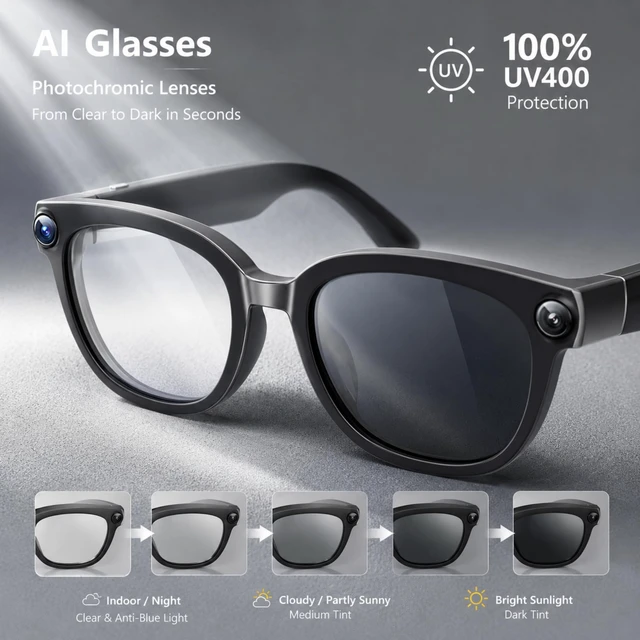 Alt view image 5 of 7 - AI Smart Glasses with Camera, 13MP HD 4K Video, Translation & Photochromic Real-Time Translation, Object Recognition, AI Assistant, Dual Open-Ear Speakers, Bluetooth, IP66 Water Resistance, Sunglasses