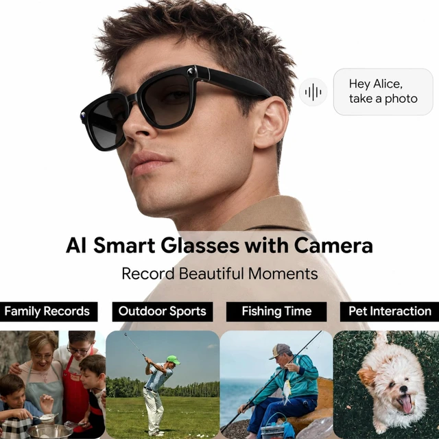 Alt view image 7 of 7 - AI Smart Glasses with Camera, 13MP HD 4K Video, Translation & Photochromic Real-Time Translation, Object Recognition, AI Assistant, Dual Open-Ear Speakers, Bluetooth, IP66 Water Resistance, Sunglasses