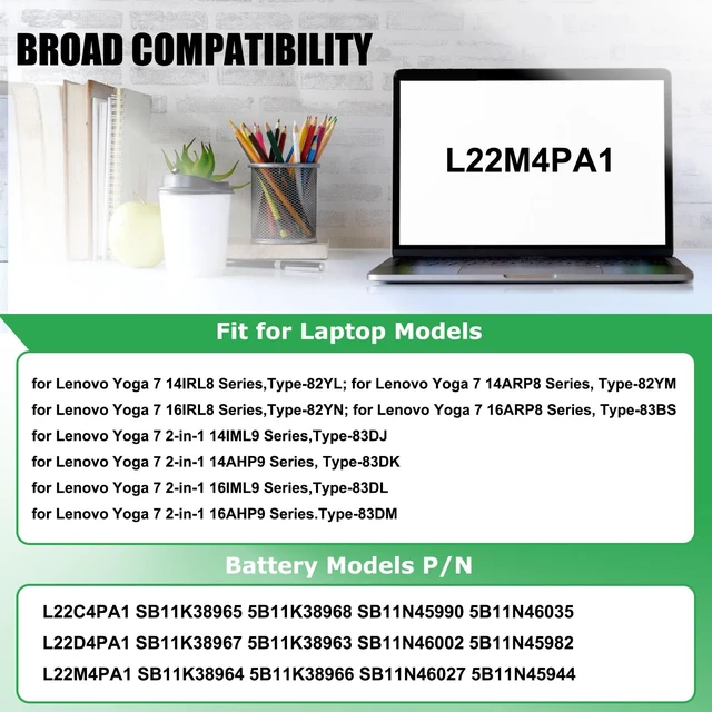 Alt view image 3 of 7 - L22C4PA1 L22M4PA1 Battery Replacement for Lenovo Yoga 7 14IRL8 For 14ARP8 16IRL8 16ARP8, Yoga 7 2-in-1 14IML9 14AHP9 16IML9 16AHP9 Series, SB11K38964 SB11K38965 SB11K38967 L22D4PA1 71Wh