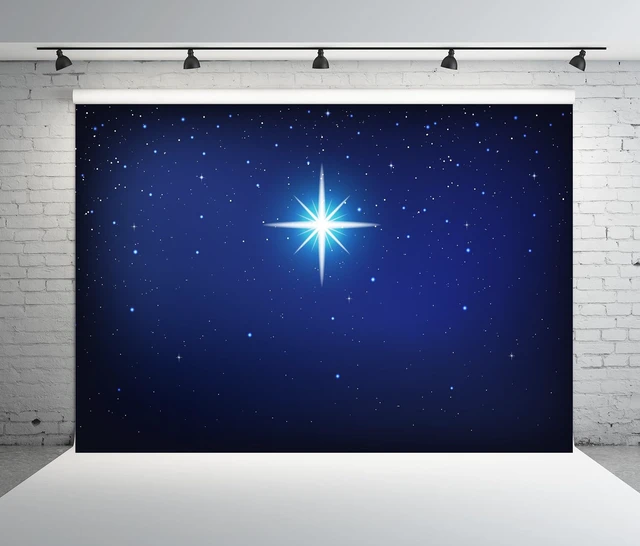Alt view image 3 of 7 - 15x10ft Fabric Star Night Backdrop Holy Christmas Star Blue Starry Sky Background Christmas Nativity Scene Star of Bethlehem Jesus Birth Background Religious Christian Church Decor Photo Props