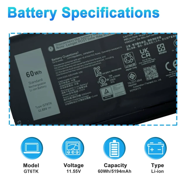 Alt view image 2 of 7 - GT6TK Laptop Battery for Dell Latitude 9440 9450 2-in-1 Series Battery Replacement for MWK05 0MWK05 K2CPY 0K2CPY 11.55V 60Wh 5065mAh