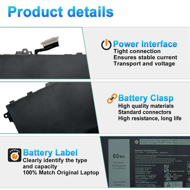 Alt view image 3 of 7 - GT6TK Laptop Battery for Dell Latitude 9440 9450 2-in-1 Series Battery Replacement for MWK05 0MWK05 K2CPY 0K2CPY 11.55V 60Wh 5065mAh