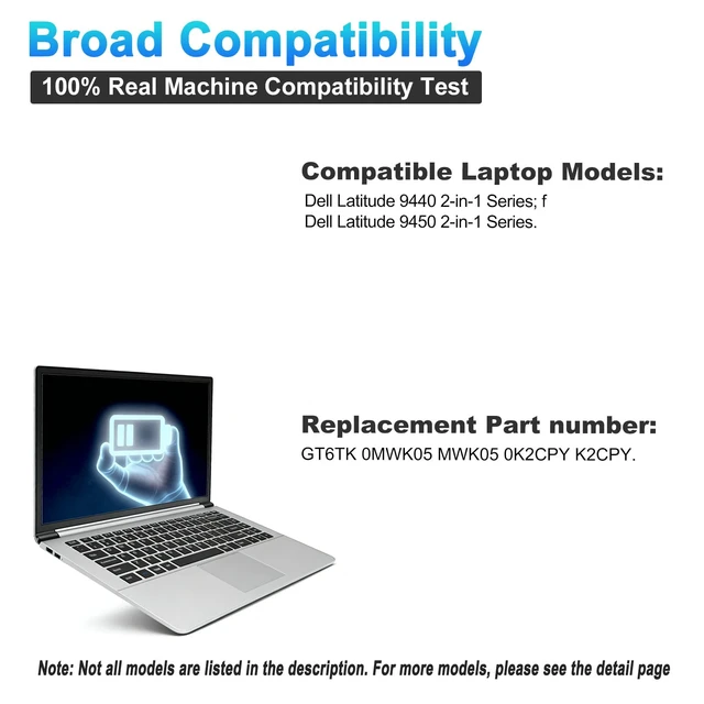 Alt view image 5 of 7 - GT6TK Laptop Battery for Dell Latitude 9440 9450 2-in-1 Series Battery Replacement for MWK05 0MWK05 K2CPY 0K2CPY 11.55V 60Wh 5065mAh