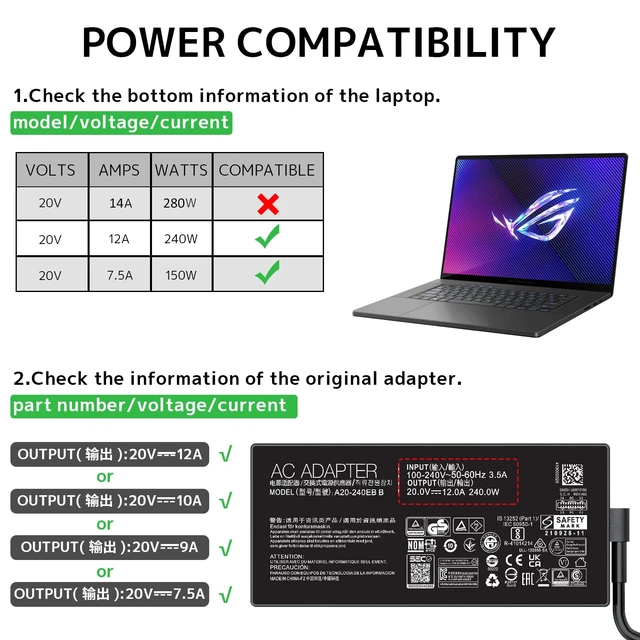 Alt view image 4 of 7 - 240W Charger for ASUS ROG Flow Zephyrus G14 G16 TUF Gaming ProArt Laptop 20V 12A Gaming Adapter for ADP-240EB B A20-240P1A, Rectangle Connector ROG Flow Z13, ProArt P16, Stable Power, Fast Charging