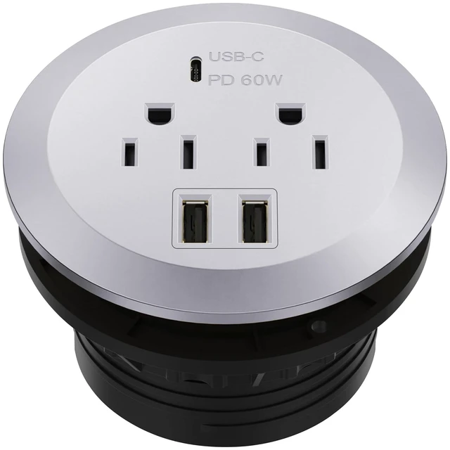 Main image of Desktop Power Grommet with GaN 65W PD Fast Charging, Silver Recessed Outlet Station, USB-A & 2 USB-C Ports, Duplex Receptacles, 3" Diameter, TTRP48APD60-SV, ETL Listed
