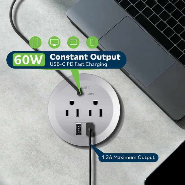 Alt view image 3 of 7 - Desktop Power Grommet with GaN 65W PD Fast Charging, Silver Recessed Outlet Station, USB-A & 2 USB-C Ports, Duplex Receptacles, 3" Diameter, TTRP48APD60-SV, ETL Listed