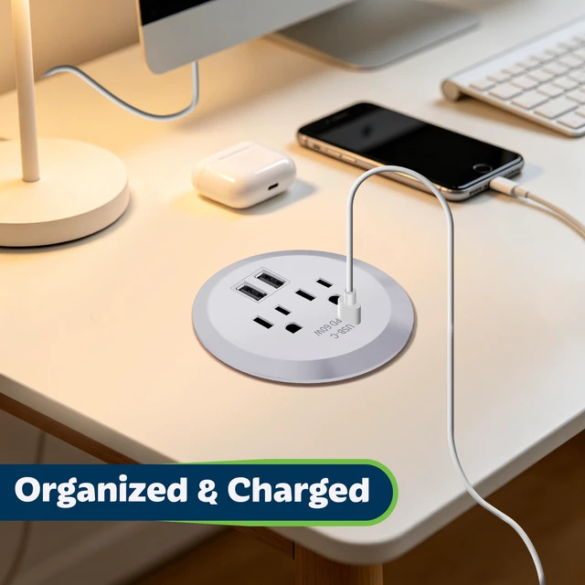 Alt view image 2 of 7 - Desktop Power Grommet with GaN 65W PD Fast Charging, Silver Recessed Outlet Station, USB-A & 2 USB-C Ports, Duplex Receptacles, 3" Diameter, TTRP48APD60-SV, ETL Listed