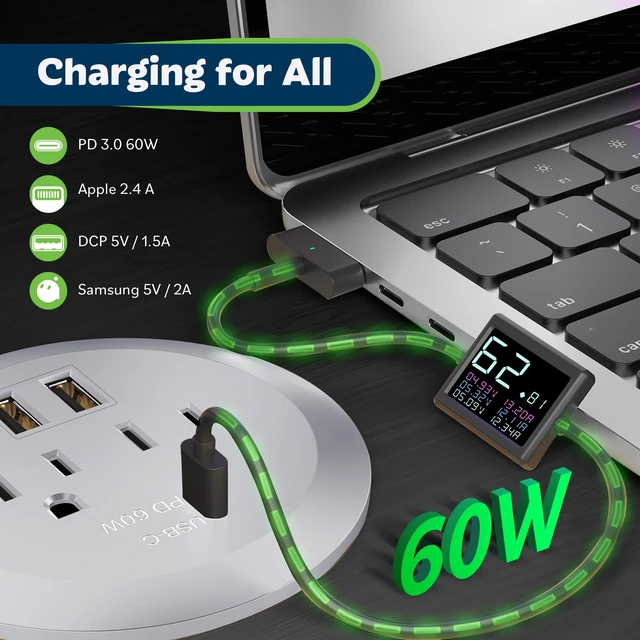 Alt view image 4 of 7 - Desktop Power Grommet with GaN 65W PD Fast Charging, Silver Recessed Outlet Station, USB-A & 2 USB-C Ports, Duplex Receptacles, 3" Diameter, TTRP48APD60-SV, ETL Listed