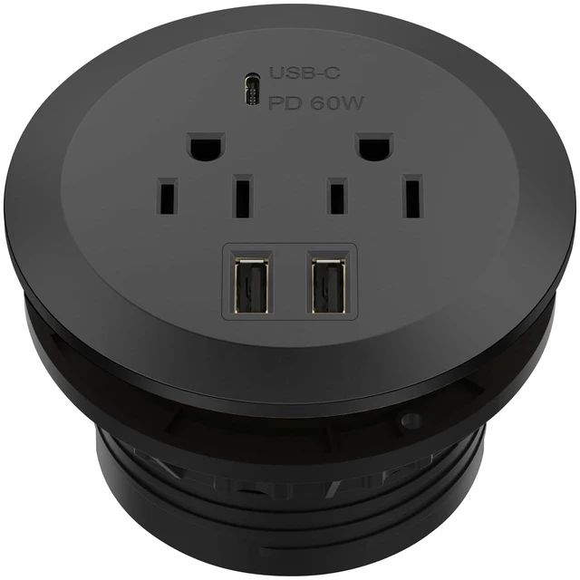 Main image of Desktop Power Grommet with 65W PD Fast Charging USB C, GaN Desk Grommet for MacBook, 2 USB-A Ports and Duplex Receptacles, 3 Diameter Power Grommet, TTRP48APD60-BK, Black