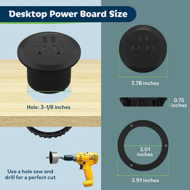 Alt view image 3 of 7 - Desktop Power Grommet with 65W PD Fast Charging USB C, GaN Desk Grommet for MacBook, 2 USB-A Ports and Duplex Receptacles, 3 Diameter Power Grommet, TTRP48APD60-BK, Black