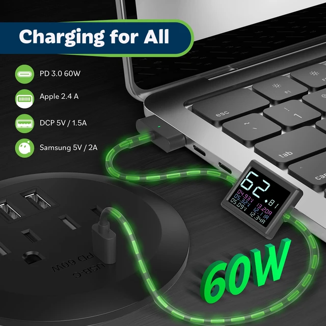 Alt view image 6 of 7 - Desktop Power Grommet with 65W PD Fast Charging USB C, GaN Desk Grommet for MacBook, 2 USB-A Ports and Duplex Receptacles, 3 Diameter Power Grommet, TTRP48APD60-BK, Black
