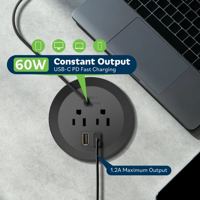 Alt view image 5 of 7 - Desktop Power Grommet with 65W PD Fast Charging USB C, GaN Desk Grommet for MacBook, 2 USB-A Ports and Duplex Receptacles, 3 Diameter Power Grommet, TTRP48APD60-BK, Black