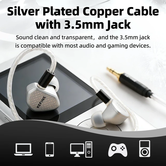 Alt view image 4 of 7 - Kefine Klean SV in Ear Monitor,10mm DLC Diaphragm Dynamic Driver IEM HiFi Earphones,Wired Gaming Earbuds with Replaceable Nozzles,Detachable Silver-Plated Cable for Audiophile (3.5mm, Sliver)
