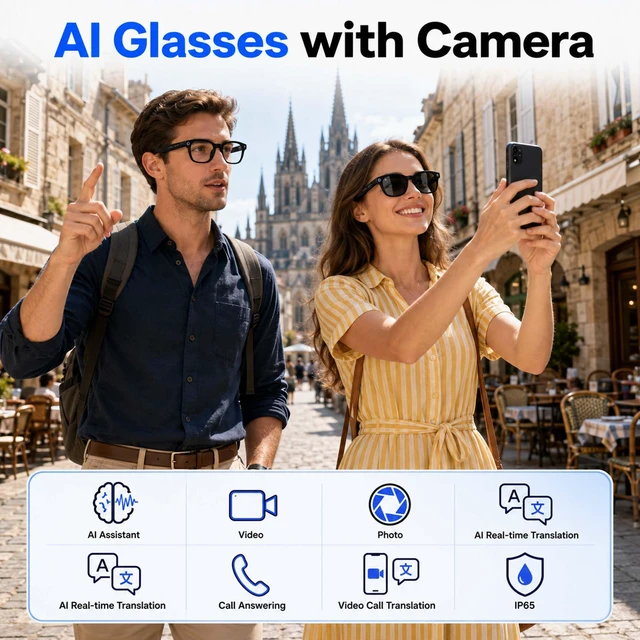 Alt view image 3 of 7 - AI Smart Glasses with Camera, Bluetooth Glasses for Women Men 1080P Video & Photo Capture, Real Time Translation, Voice Assistant, Open-Ear Music, Bluetooth Calls, Travel, Work, Vlog