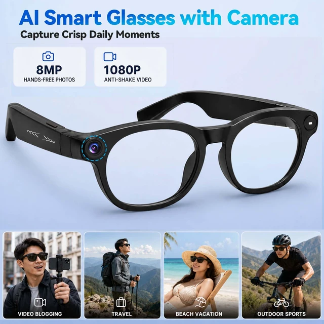 Alt view image 2 of 7 - AI Smart Glasses with Camera, Bluetooth Glasses for Women Men 1080P Video & Photo Capture, Real Time Translation, Voice Assistant, Open-Ear Music, Bluetooth Calls, Travel, Work, Vlog