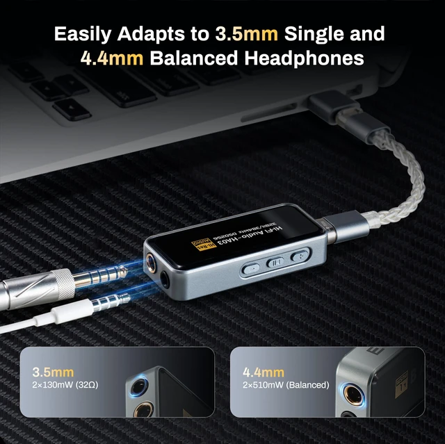 Alt view image 4 of 7 - Portable Headphone Amplifier, USB C MINI DAC Amp Dongle 3.5mm & 4.4mm Balanced Outputs, HiFi 32Bit/384kHz DSD256 Dual CS43131 Audio Decoder Audio Adapter for Phones/PC/Laptops/Tablets, Silver